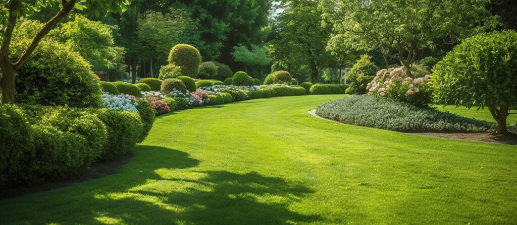 Jardin paysager structuré dans le Médoc avec terrasse et plantations durables