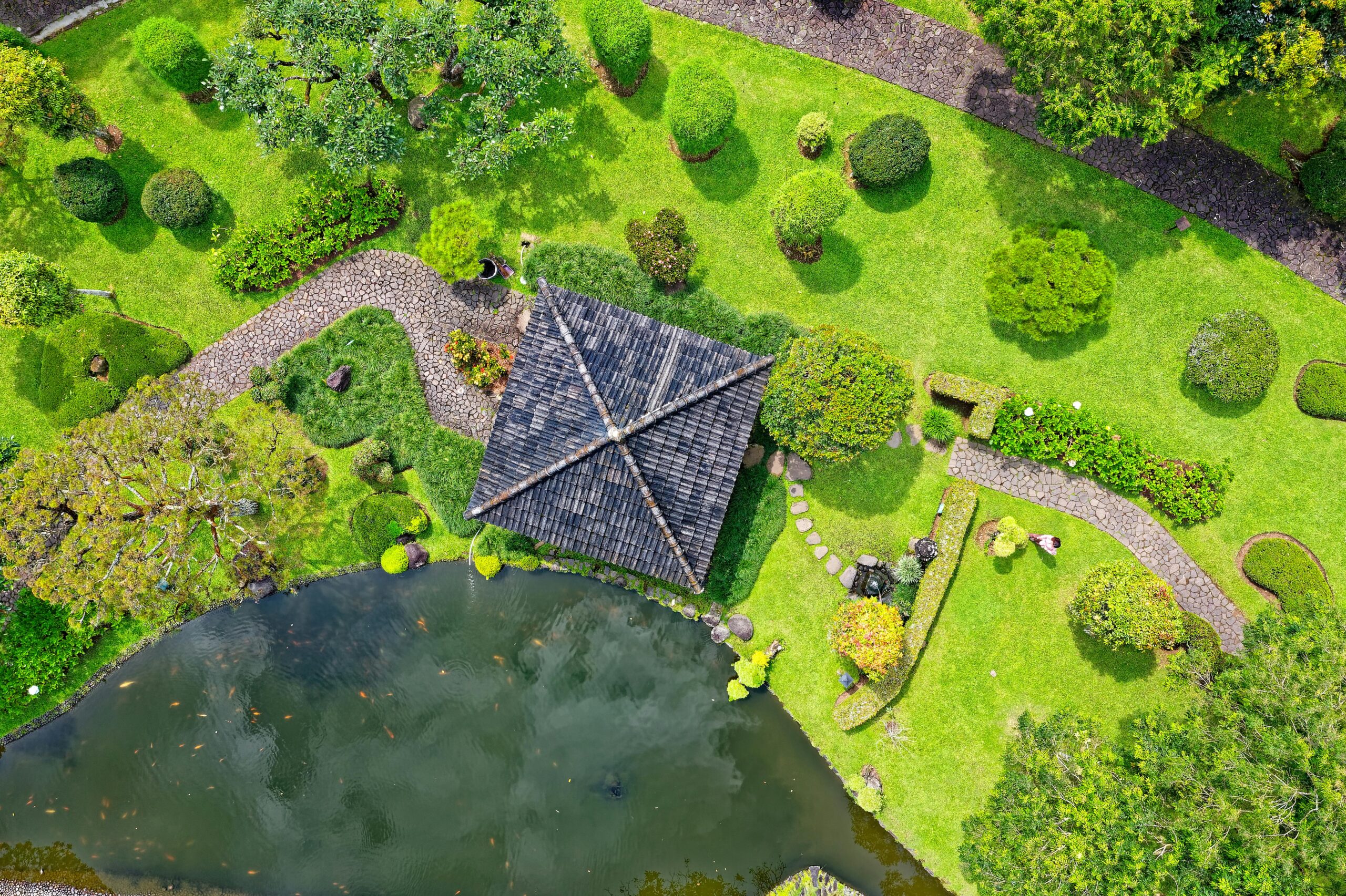 Jardin paysager structuré réalisé par un paysagiste, avec massifs végétaux organisés, allée minérale et végétation adaptée au climat de la Gironde.